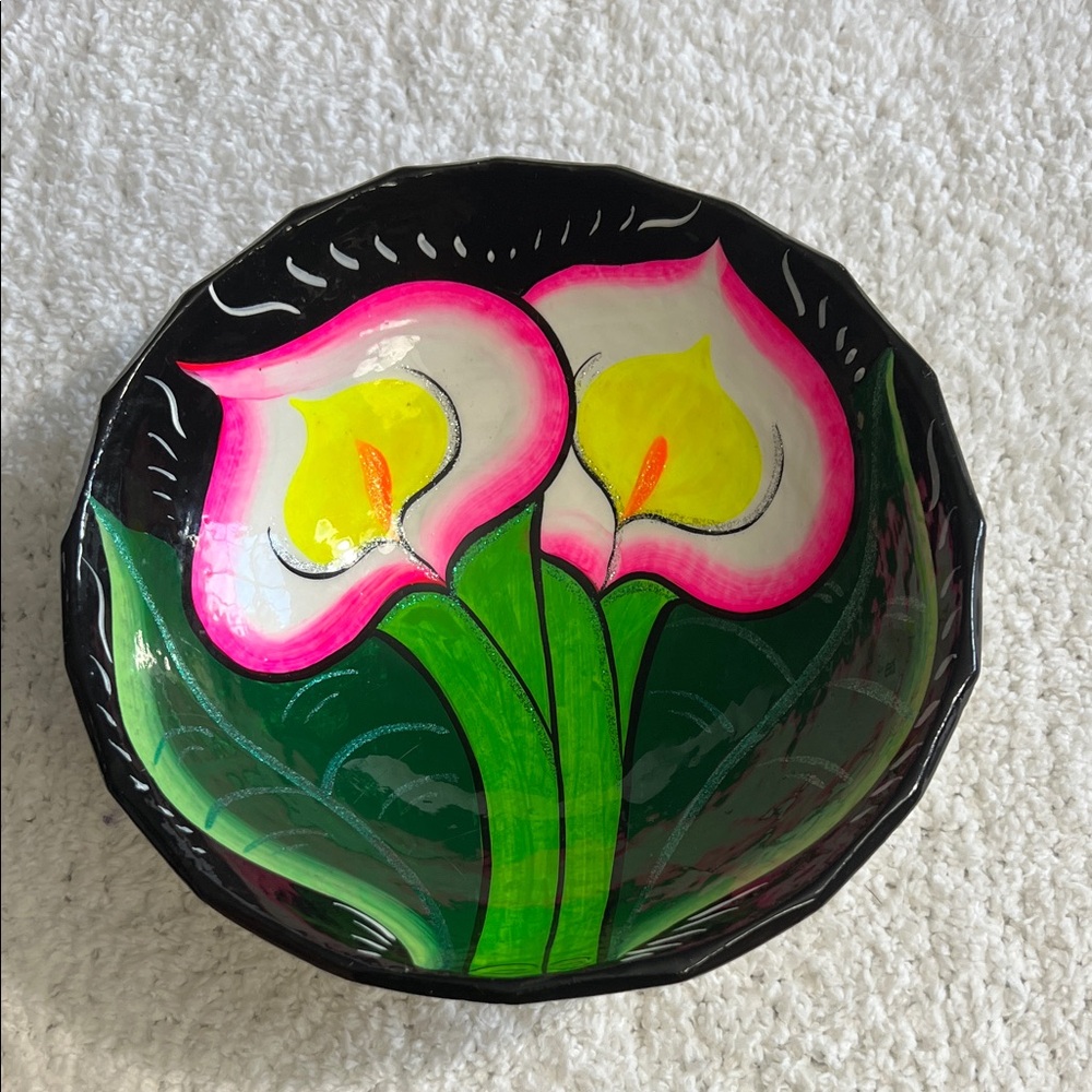 Mexican Hand Crafted Bowl, Hand-Painted Floral Bowl - Black, Pink, Green